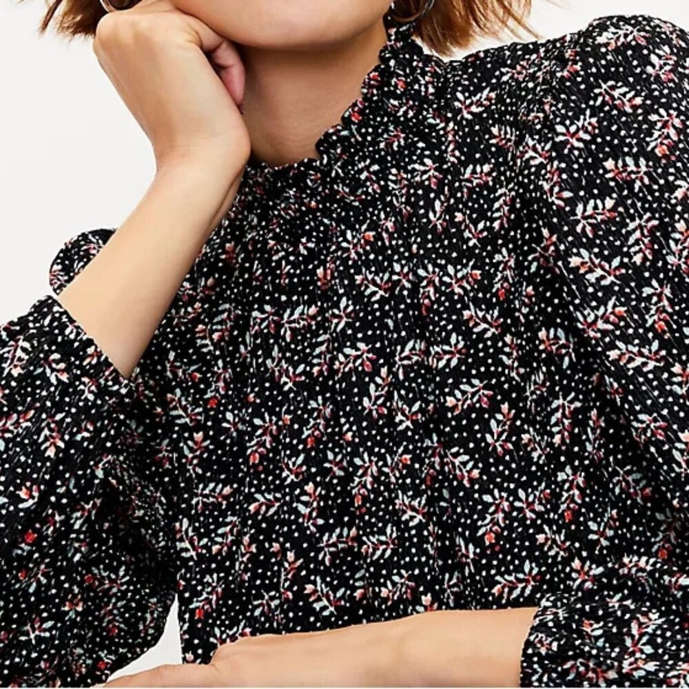 LOFT Vine Smocked Mock Neck Top Womens Medium Twee Dark Floral Cottagecore - Picture 15 of 15
